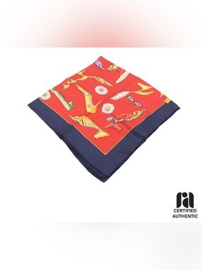 Excellent Condition Ferragamo Red & Navy Silk Scarf with Shoe Motif Includes COA